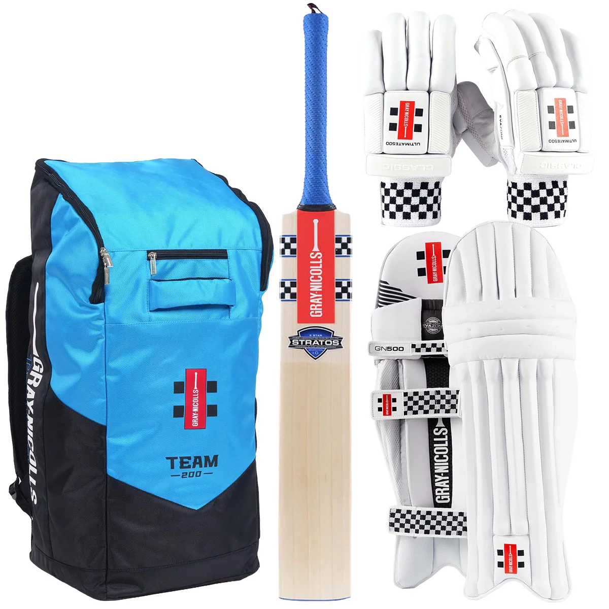 Gray-Nicolls Stratos Gen 1.0 5 Star Cricket Bat, Gloves, Pads & Bag Bundle